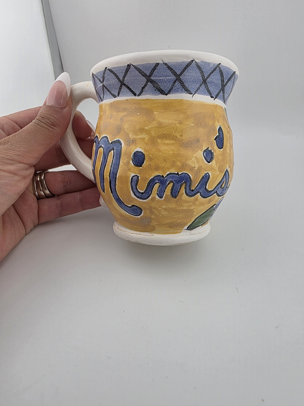 Handmade Pottery 'Mimi's' Mug Hand-Painted Floral Yellow Blue Gift